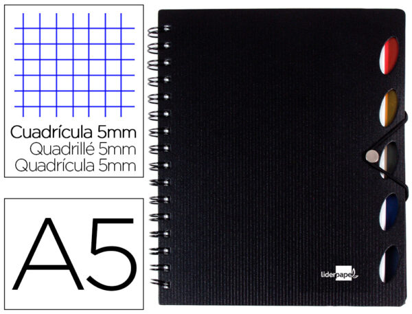 Cuaderno espiral liderpapel a5 micro executive tapa plastico 100h 80 gr cuadro 5mm 5 separadores con gomilla negro