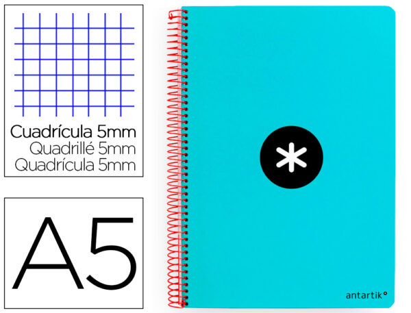 Cuaderno espiral liderpapel a5 antartik tapa dura 80h 100 gr cuadro 5mm con margen color turquesa