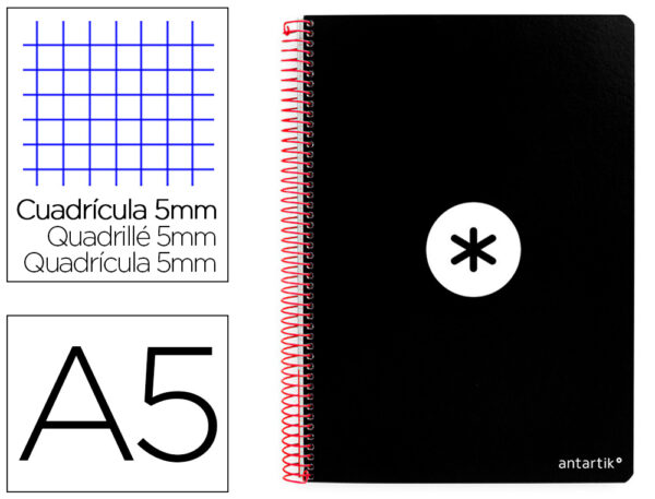 Cuaderno espiral liderpapel a5 antartik tapa dura 80h 100 gr cuadro 5mm con margen color negro