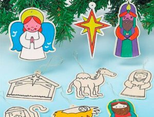 Figura madera impresa nacimiento y reyes magos con hilo 80 mm blister de 12 unidades